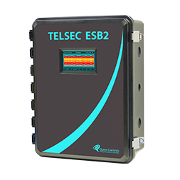 Quest Controls TELSEC ESB2 remote monitoring and alarming controller with active alarm touchscreen interface and Model 400 wall-mounted HVAC thermostat controller.