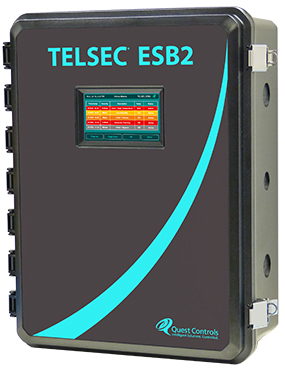 Quest Controls TELSEC ESB2 remote monitoring and alarming controller with active alarm touchscreen interface and Model 400 wall-mounted HVAC thermostat controller.