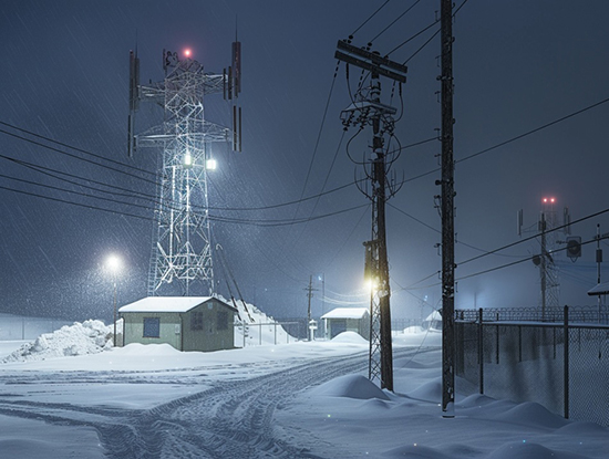 Image shows a winter storm at a telecommunications cell site with tower