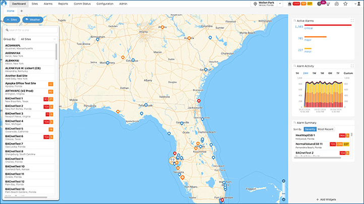 Graphic showing OspreyFMS Alarming of remote site on map of the USA