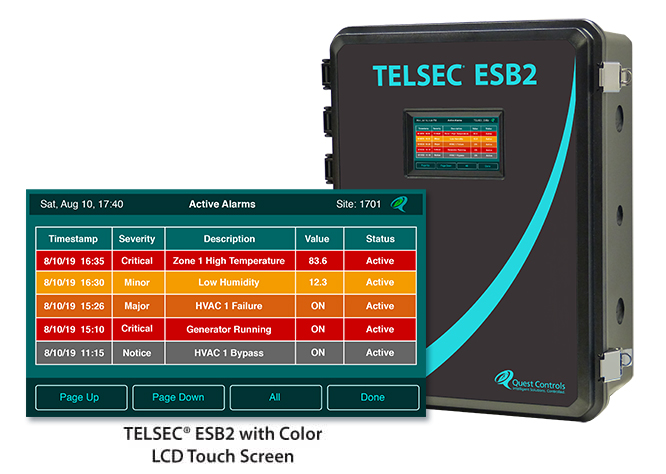 TELSEC ESB2 remote site controller by Quest Controls with front-mounted touchscreen interface showing active alarms.
