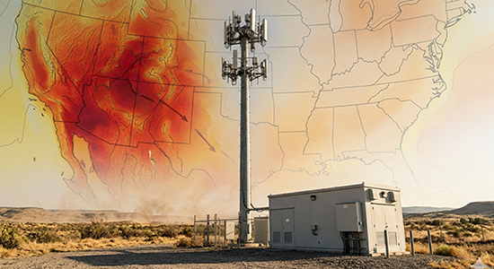 Remote telecom site with cell tower under extreme heat conditions, highlighting network resilience and environmental risk