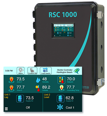 RSC 1000 remote site controller by Quest Controls with front-mounted touchscreen interface showing HVAC and environmental monitoring data, including temperature, humidity, and lead/lag status.