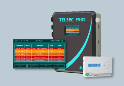 Quest Controls TELSEC ESB2 remote monitoring and alarming controller with active alarm touchscreen interface and Model 400 wall-mounted HVAC thermostat controller.