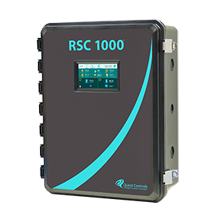 Quest Controls RSC 1000 HVAC shelter controller with touchscreen interface displaying real-time temperature, humidity, and cooling system status information.