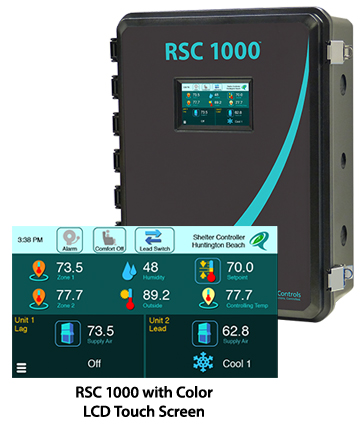 Quest Controls RSC 1000 HVAC shelter controller with touchscreen interface displaying real-time temperature, humidity, and cooling system status information.