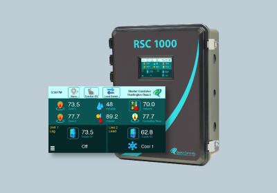 Quest Controls RSC 1000 HVAC shelter controller with touchscreen interface displaying real-time temperature, humidity, and cooling system status information.