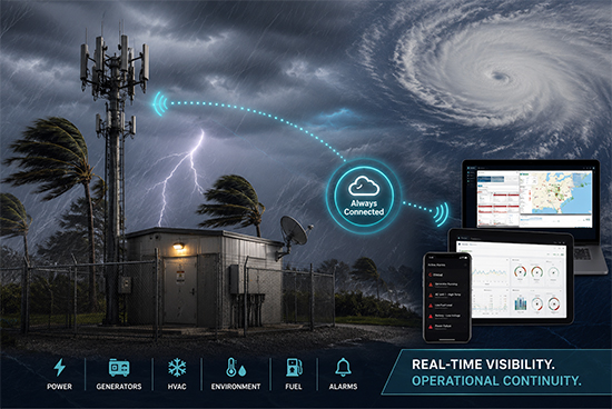 Cell tower and equipment shelter operating during a hurricane while cloud monitoring software provides visibility into power, generators, HVAC systems, fuel levels, environmental conditions, and alarms.