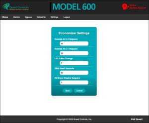 Economizer Settings web page for the Model 600 HVAC Lead/Lag Controller