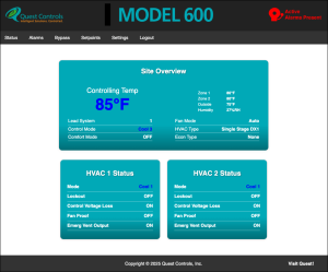 Screenshot of Quest Controls' Model 600 HVAC Controller status page with Ethernet Connectivity